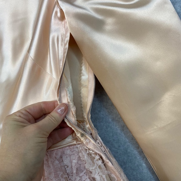 Vintage 30" Bust Peach & Pink Satin Lace Overlay Dress Fit & Flare • Handmade - Picture 4 of 16